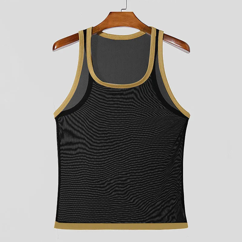 Men's tight-fitting white mesh fitness vest for sports, showing breathable fabric and straight hem design.