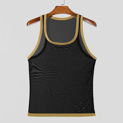 Men's tight-fitting white mesh fitness vest for sports, showing breathable fabric and straight hem design.