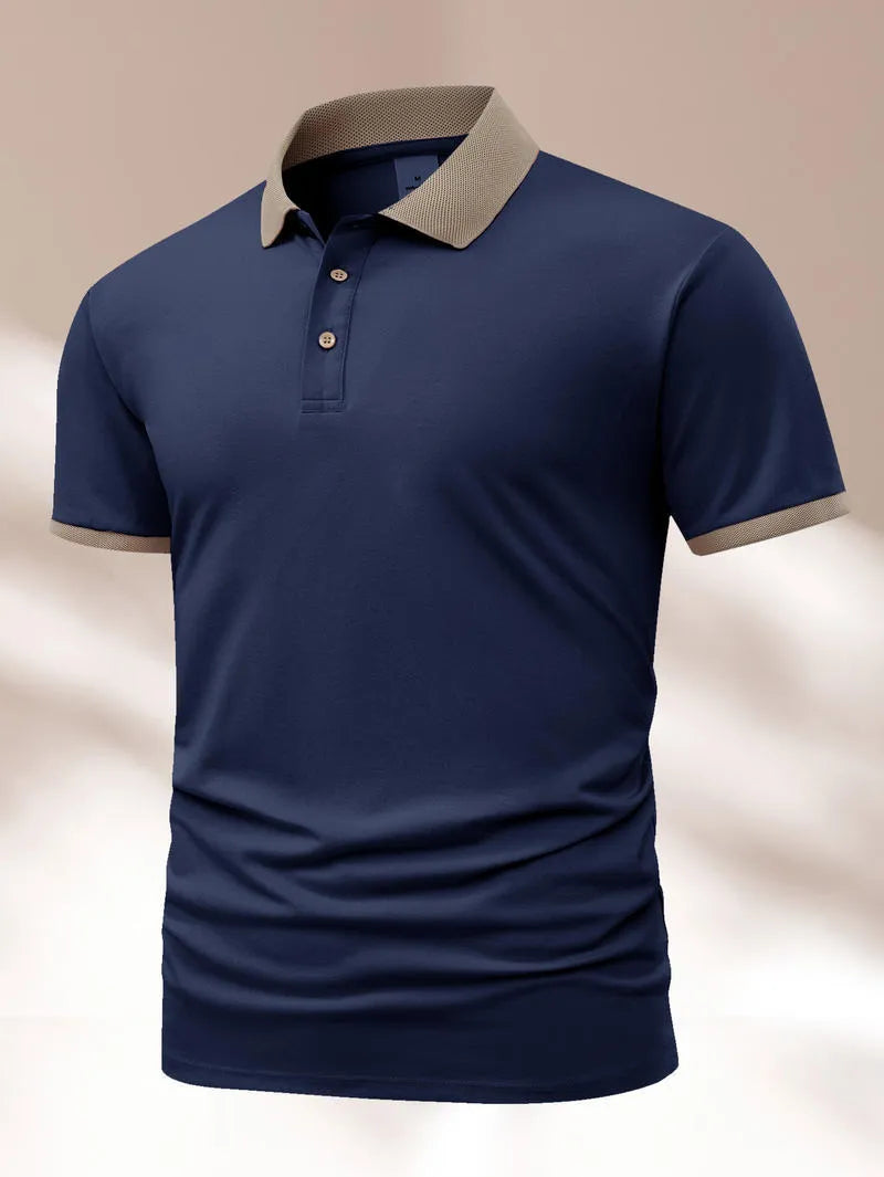 Man's short sleeve Ice Silk polo shirt with a flocking print, shown in multiple colour options.