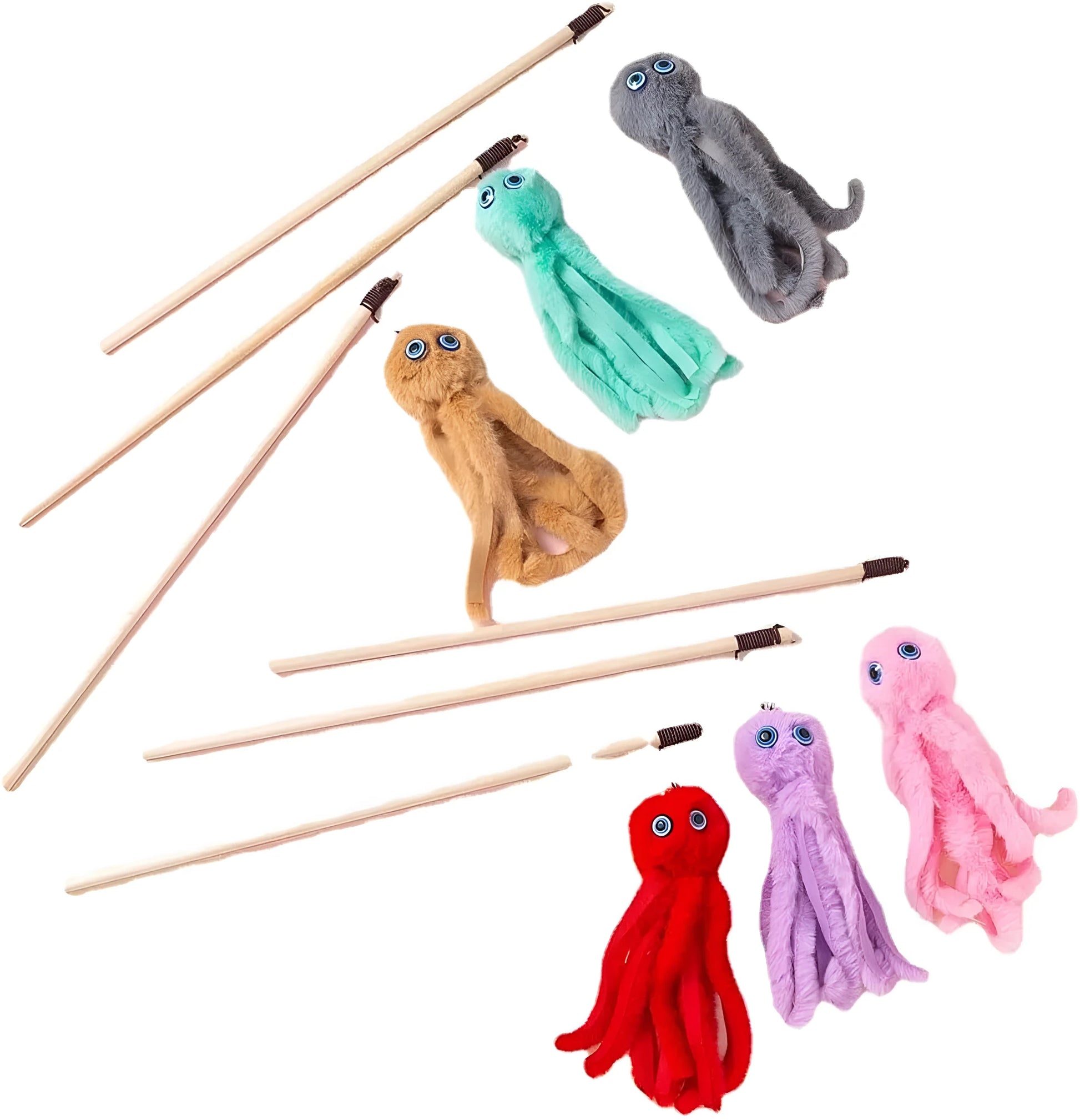 Octopus-themed furry cat toy attached to a long stick, shown in pink colour.