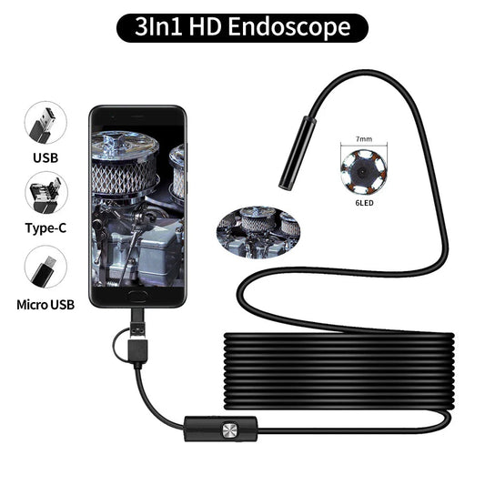 Versatile 3-in-1 smartphone endoscope camera with adjustable LED lighting, waterproof design, and various cord lengths for inspection and problem-solving