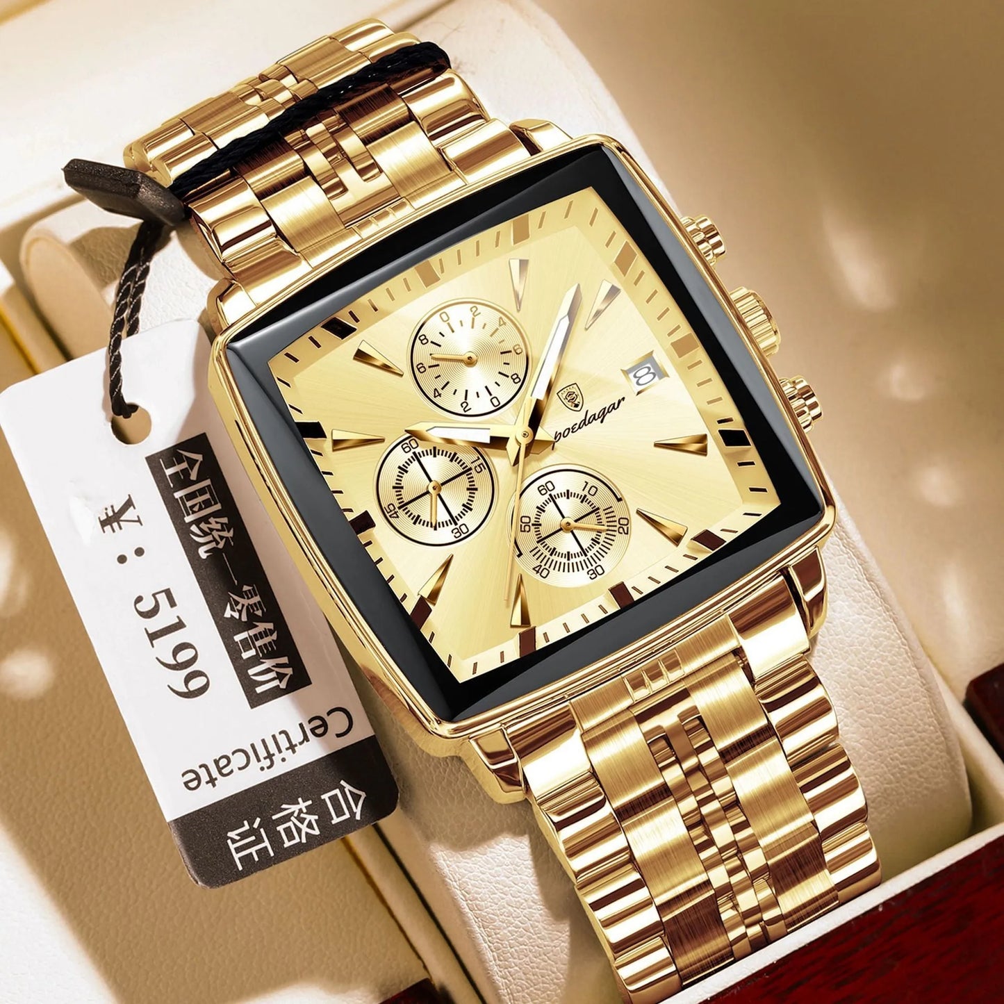 Square men's business watch with stainless steel strap and alloy case in a gold and blue colour variant.