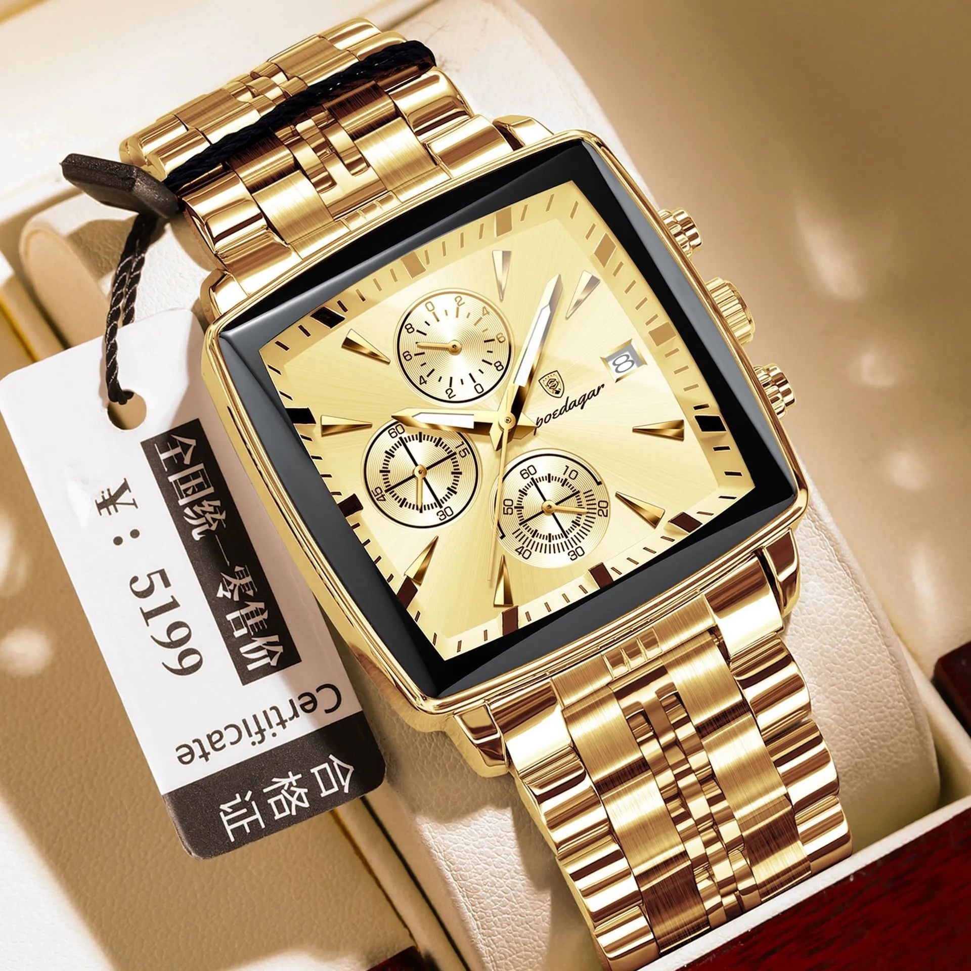 Square men's business watch with stainless steel strap and alloy case in a gold and blue colour variant.
