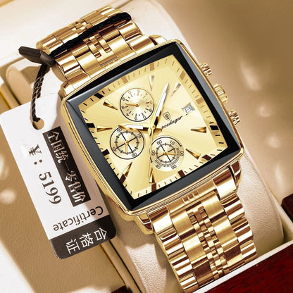 Square men's business watch with stainless steel strap and alloy case in a gold and blue colour variant.