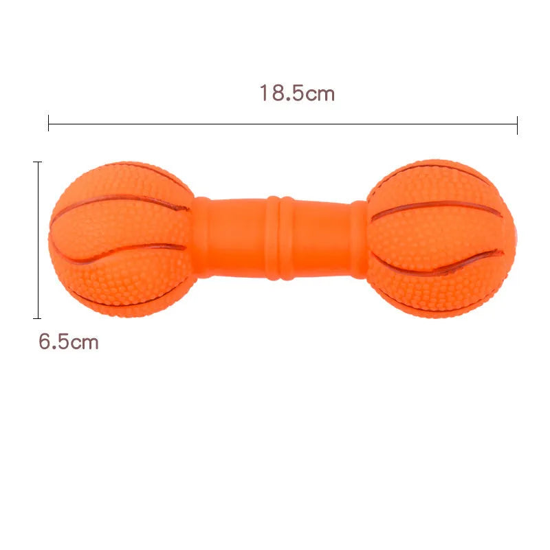 Non-toxic PVC football dumbbell shaped squeaky dog chew toy in brown, orange, white, or yellow.