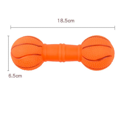 Non-toxic PVC football dumbbell shaped squeaky dog chew toy in brown, orange, white, or yellow.