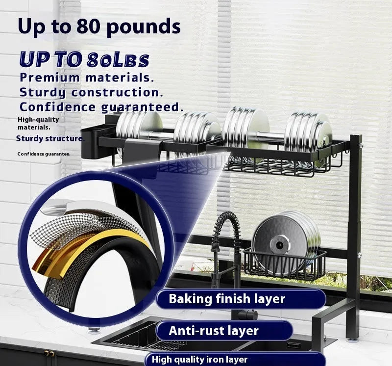 Black metal retractable sink draining rack extended on kitchen countertop