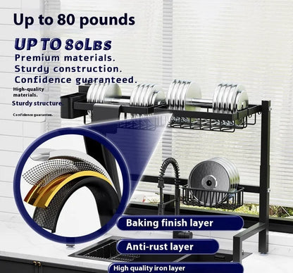 Black metal retractable sink draining rack extended on kitchen countertop