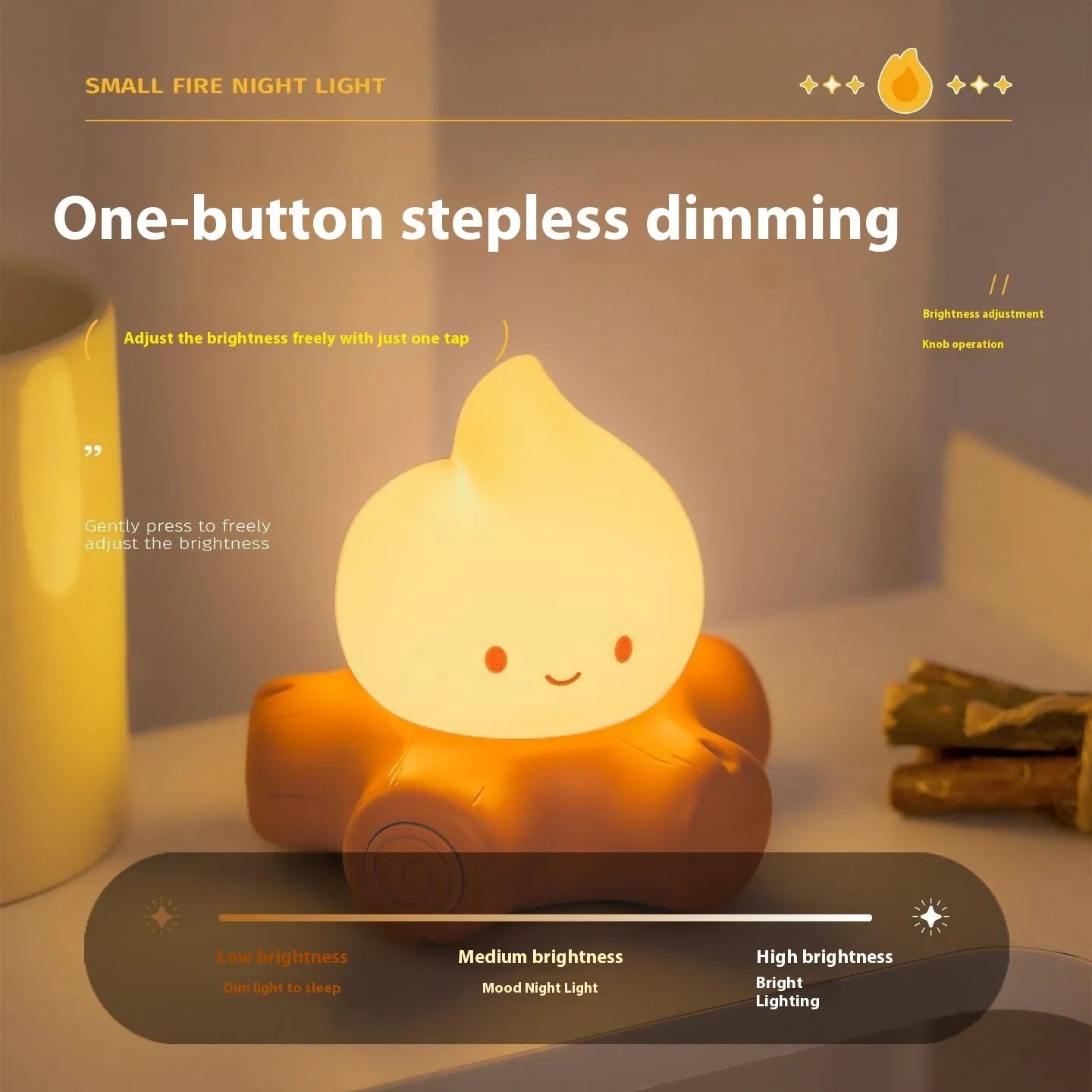 Small cartoon style night lamp with silicone fire pile design and ABS shade