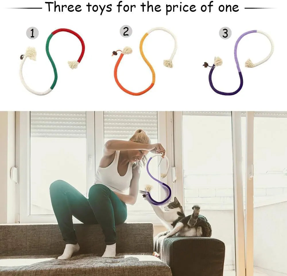 A 70cm long cotton string cat bite rope toy in three colour options: purple, orange, and red with green.