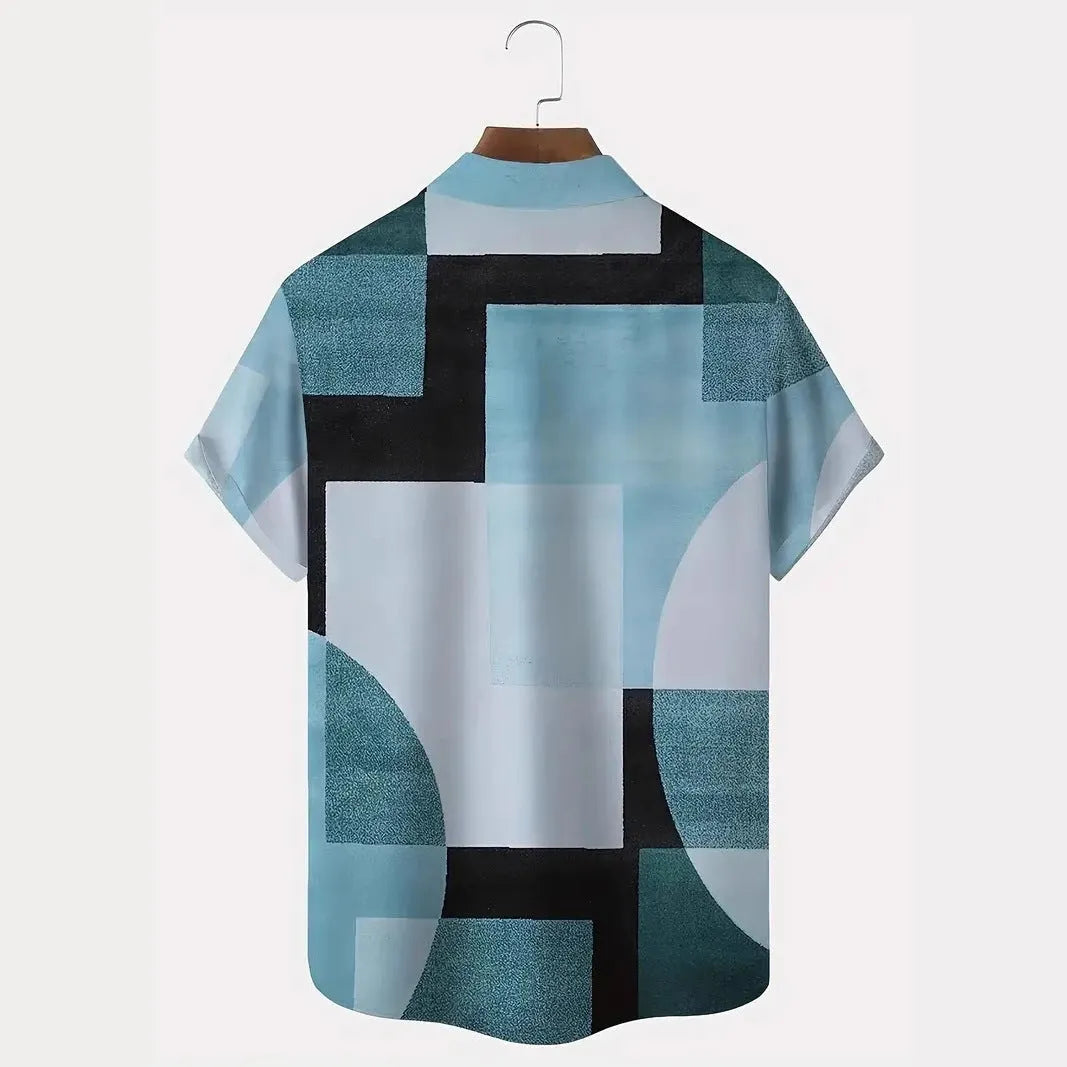 Men's retro geometric printed short sleeve cardigan shirt in loose fit style