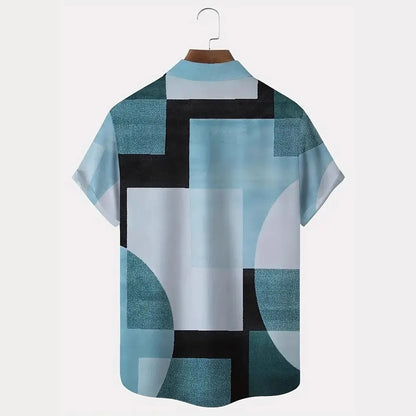 Men's retro geometric printed short sleeve cardigan shirt in loose fit style