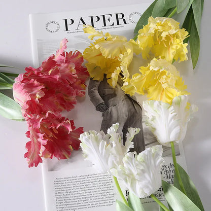 Artificial toothed tulip flower arrangement in yellow colour with soft rubber and PVC petals