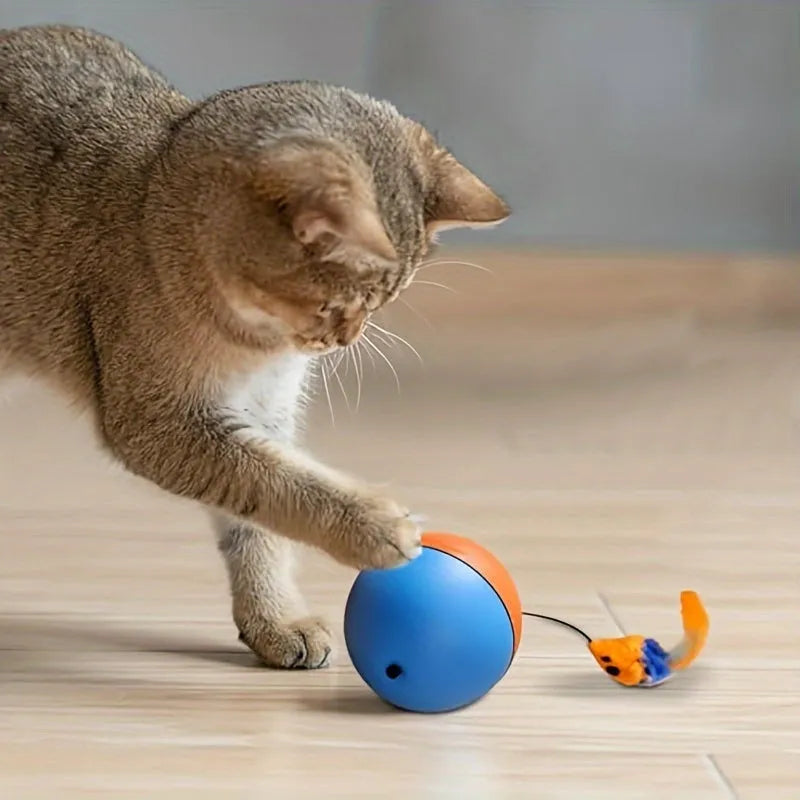 Interactive cat toy with ball and plush mouse design in blue and orange colours