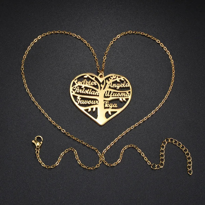 Personalised heart tree necklace with custom name engraving in titanium steel