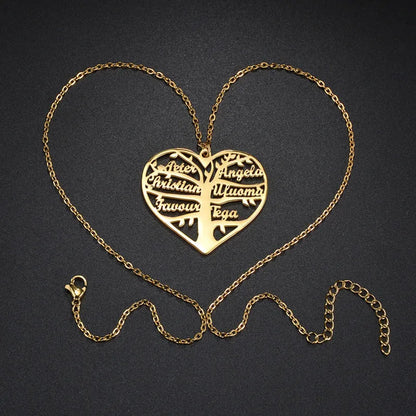 Personalised heart tree necklace with custom name engraving in titanium steel