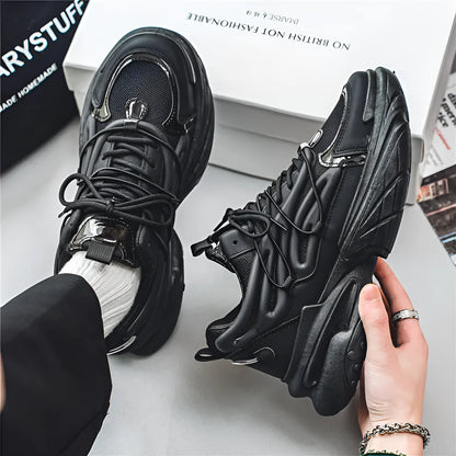 Men's low-top lace-up sneakers in mesh and PU leather with rubber sole, shown in beige and black colours.
