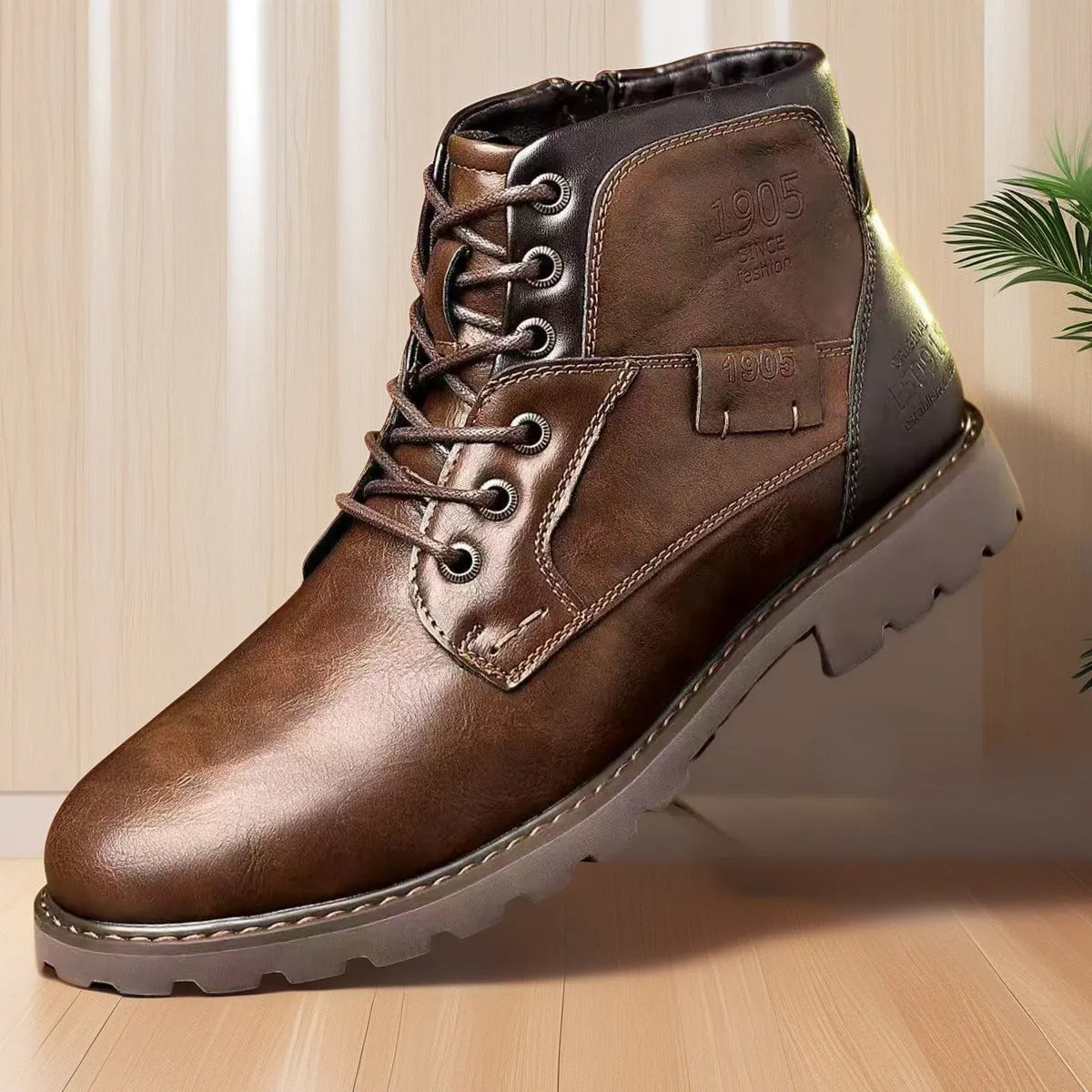 Men's brown side-zip Martin ankle boots with round toe and rubber sole