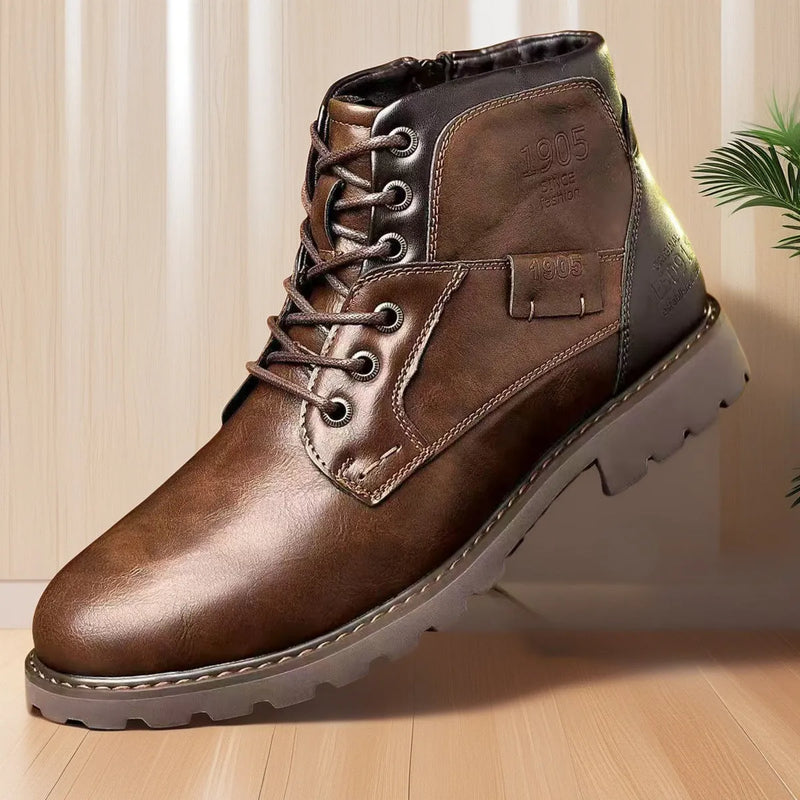 Men's Martin boots, men's leisure plus size side-zip ankle boots in brown and black, round toe design with rubber sole and artificial PU upper, available in UK sizes 39 to 48