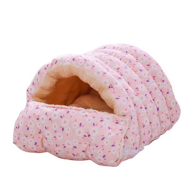 Enclosed winter cat nest with removable cover in a small blue flower print pattern.