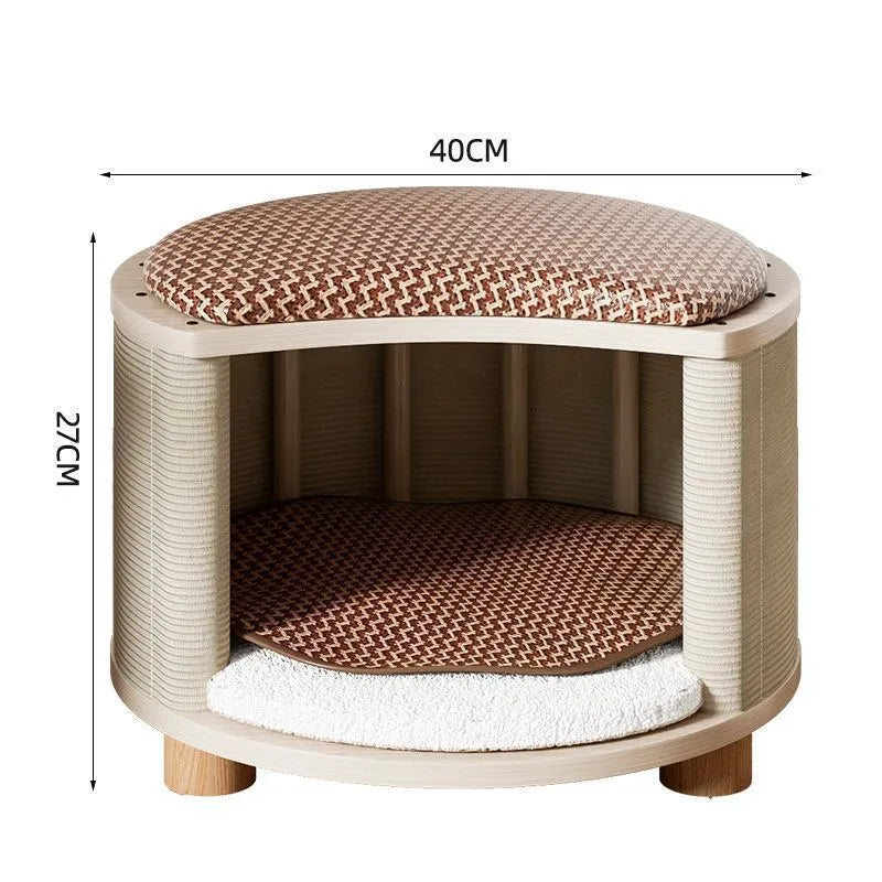 Solid wood cat nest with reversible summer mat and plush cushion, available in grey, white, plaid, and warm orange
