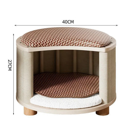 Solid wood cat nest with reversible summer mat and plush cushion, available in grey, white, plaid, and warm orange