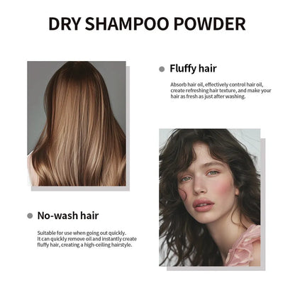 Blue, green, and red sachets of 5g disposable dry shampoo powder with a small mirror for bangs and roots.