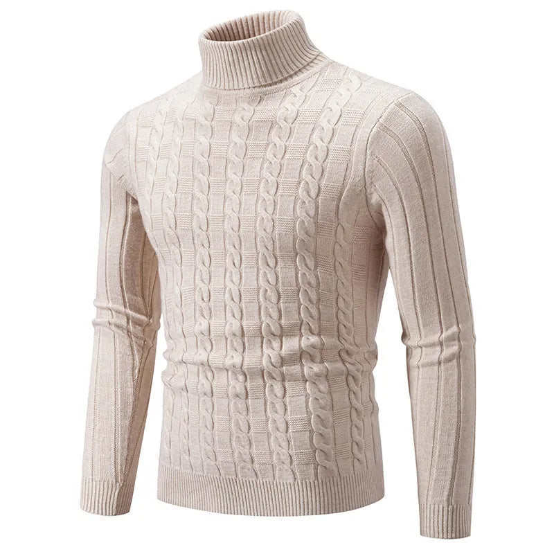 Man wearing a milky white slim fit chenille turtleneck pullover with a twist detail.