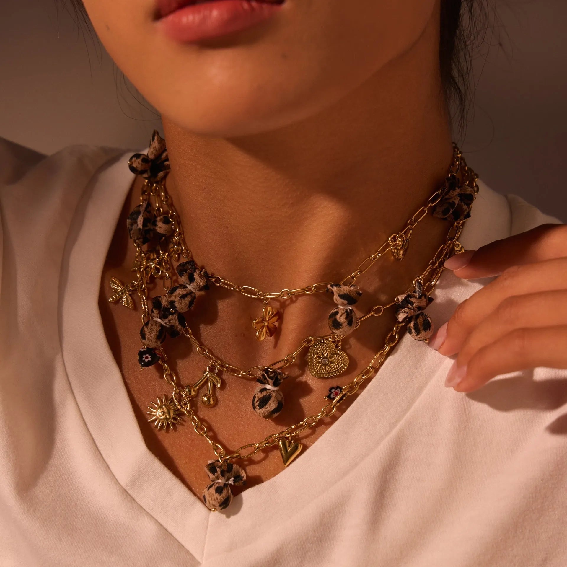 Women's adjustable stainless steel necklace with geometric leopard pendant featuring heart and flower decorative elements