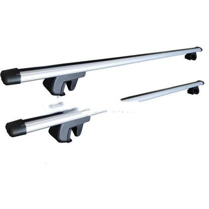 Alloy roof rack crossbars set for a General Motors SUV, showing adjustable length.