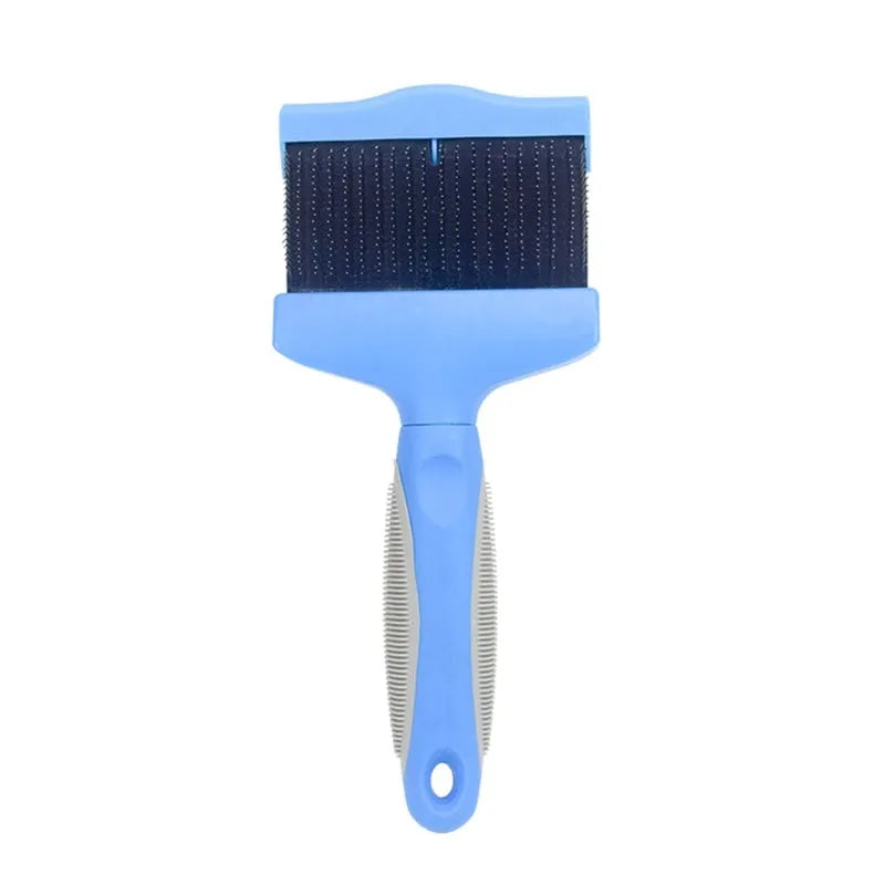 Blue double-sided pet brush for dogs and cats with stainless steel pins on a wooden table