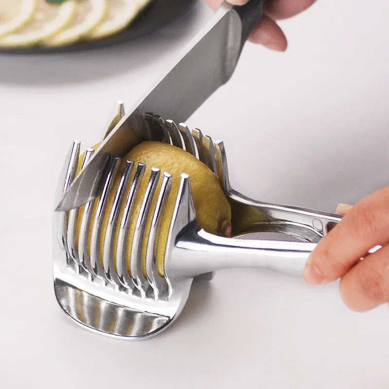 Silver plastic foldable lemon slicer kitchen gadget on a white background.