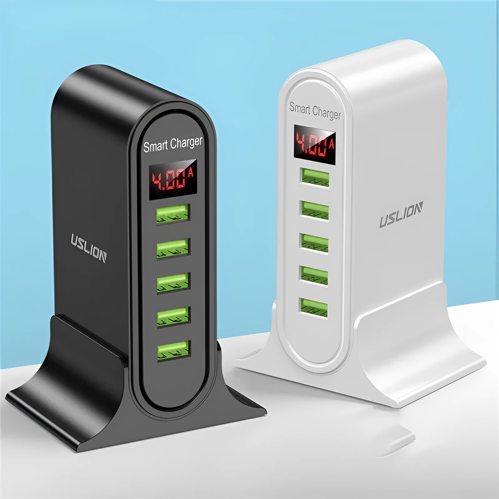 Smart LED digital display charger in black with UK plug, showing voltage readout on screen