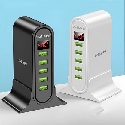Smart LED digital display charger in black with UK plug, showing voltage readout on screen