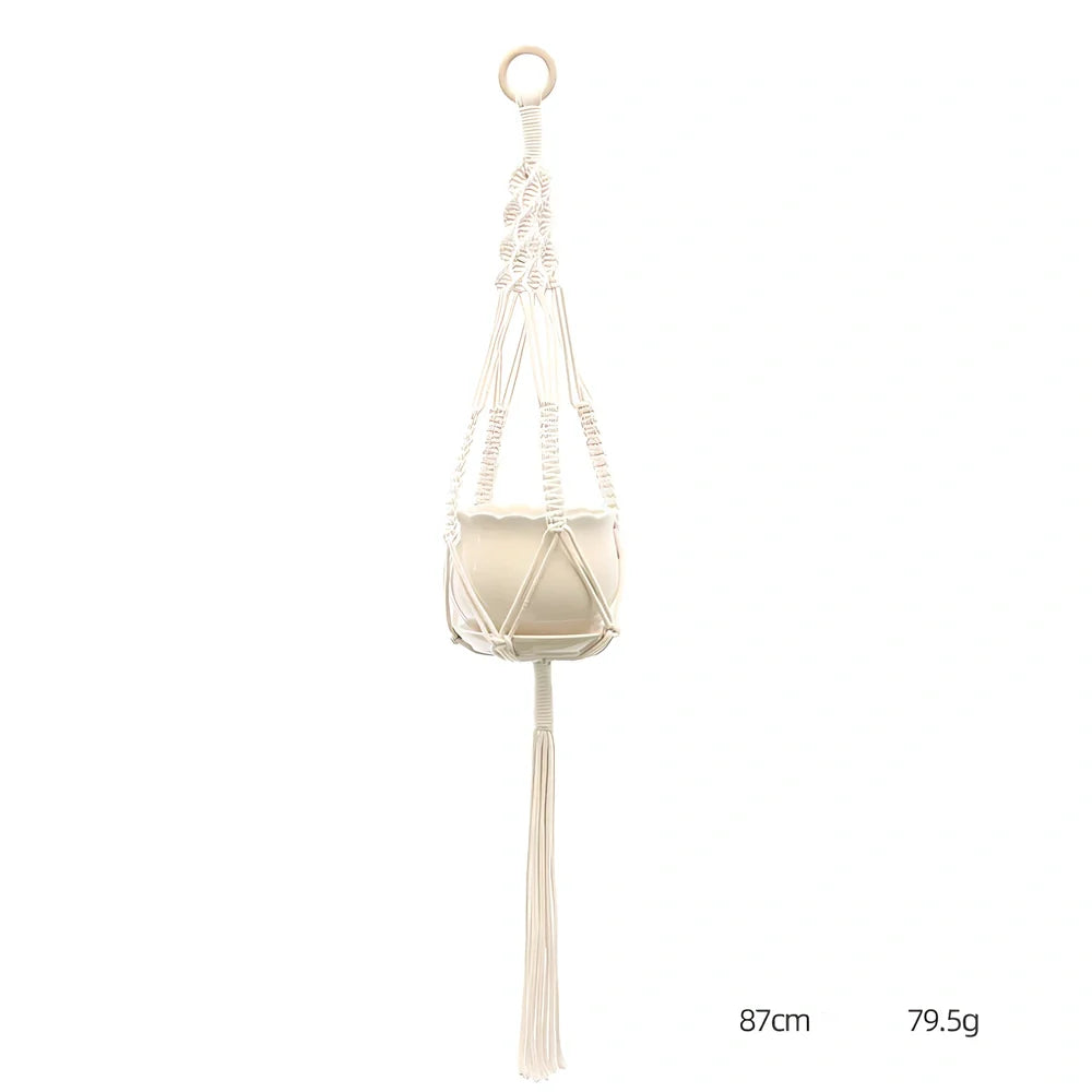 Hand-knitted cotton flowerpot net bag showing intricate pattern and hanging installation with plant