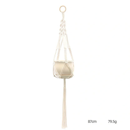 Hand-knitted cotton flowerpot net bag showing intricate pattern and hanging installation with plant