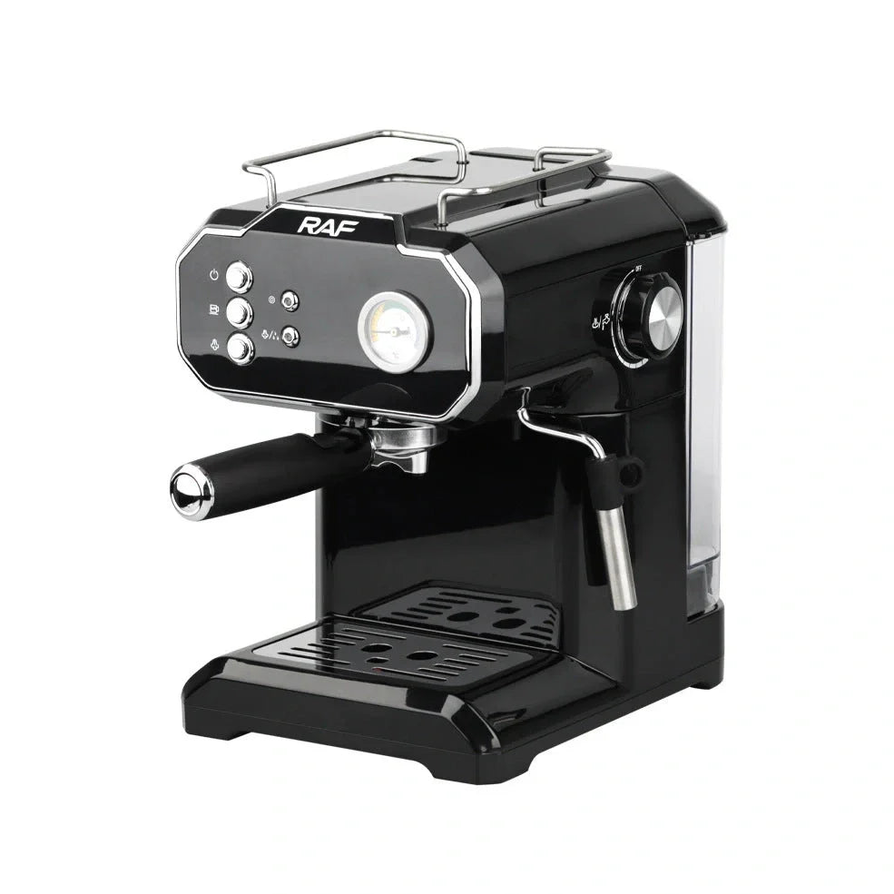 Black semi-automatic coffee machine with LCD display and 1.5L capacity
