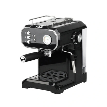 Black semi-automatic coffee machine with LCD display and 1.5L capacity