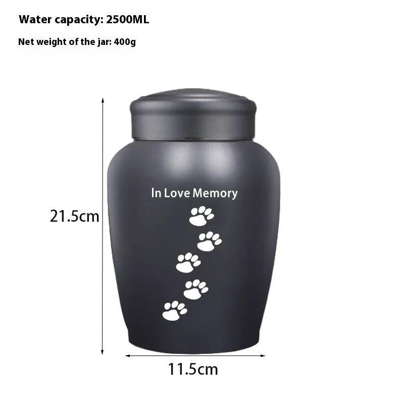 Stainless steel funerary urn with hand-painted Chinese design, large 2500ml capacity.