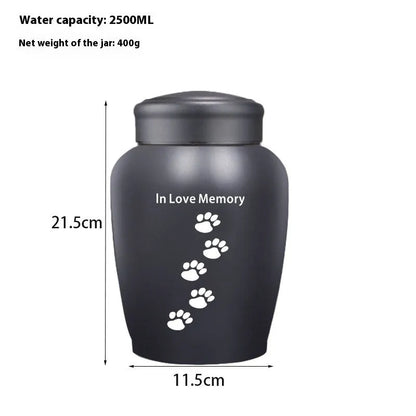 Stainless steel funerary urn with hand-painted Chinese design, large 2500ml capacity.