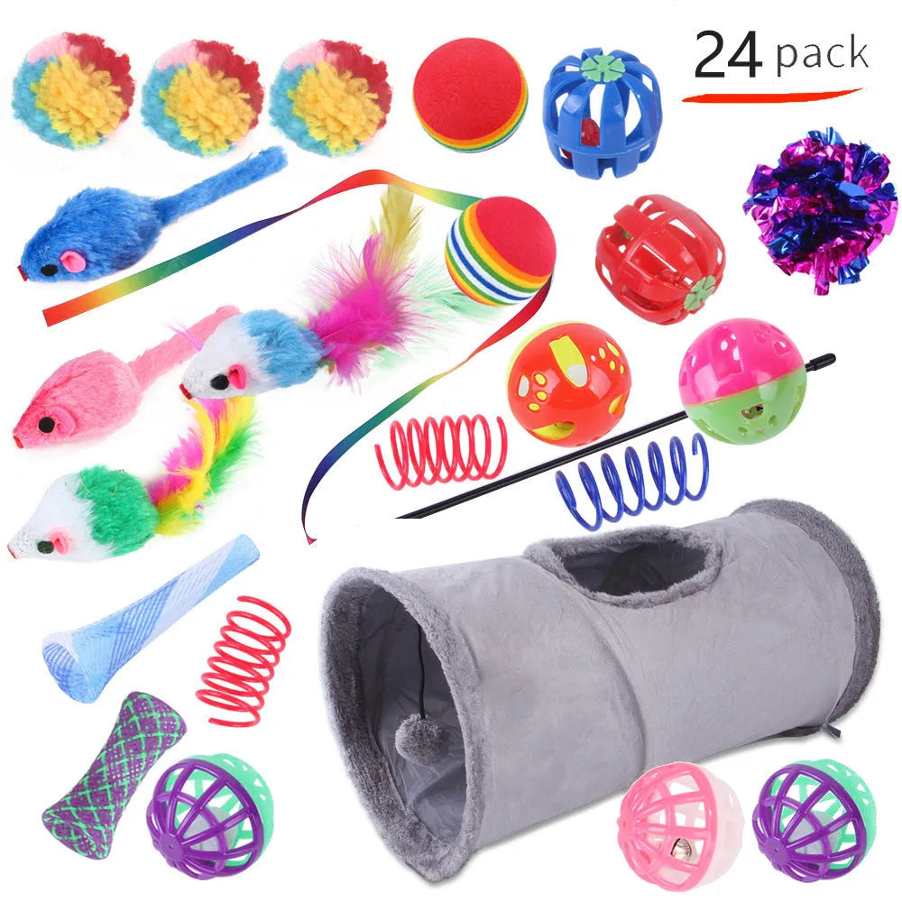 Plastic cat toy set with coloured tunnel channels and a ball for interactive indoor play.