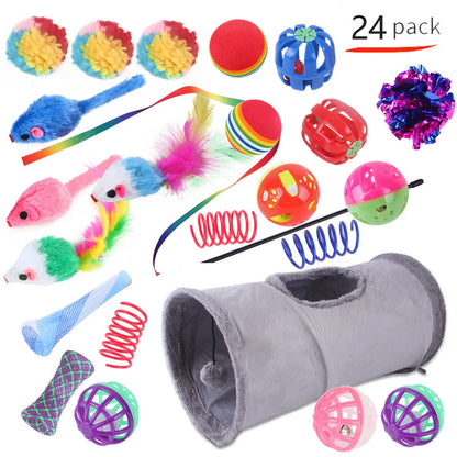 Plastic cat toy set with coloured tunnel channels and a ball for interactive indoor play.