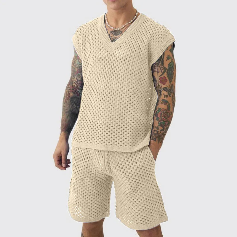 Men's blue V-neck sleeveless knitted vest and matching shorts sports suit on a hanger.