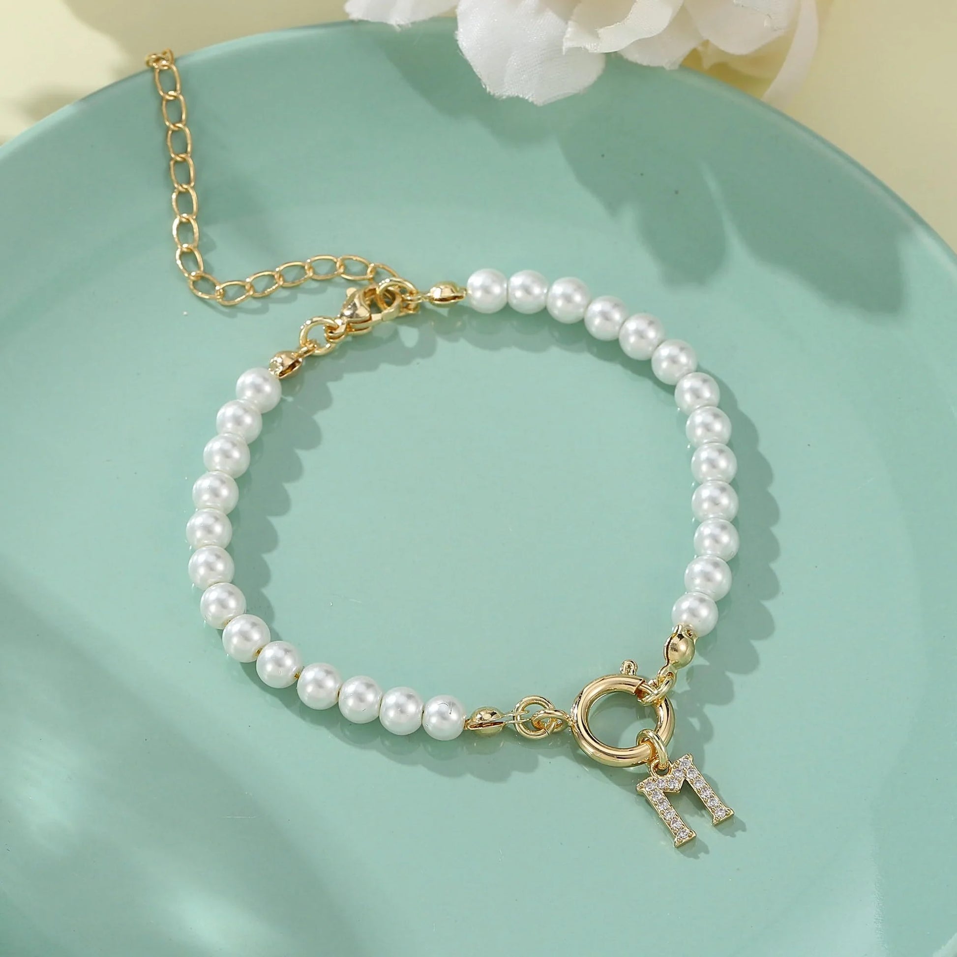 2024 Fashion Toggle Clasp Initial Bracelet with 6mm Pearl