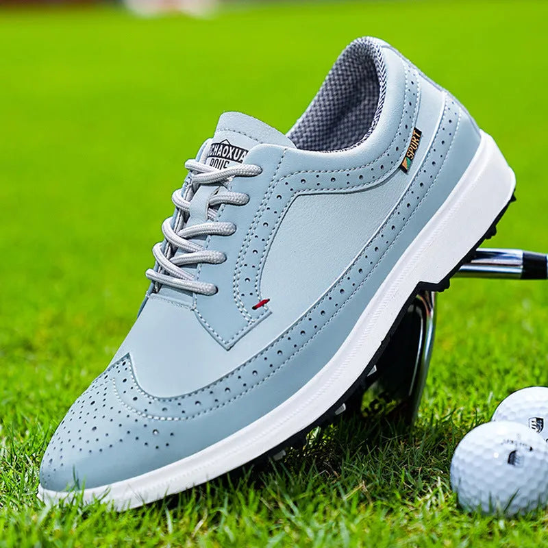 Men's lightweight golf shoe in lake blue with genuine leather upper and non-slip rubber sole.