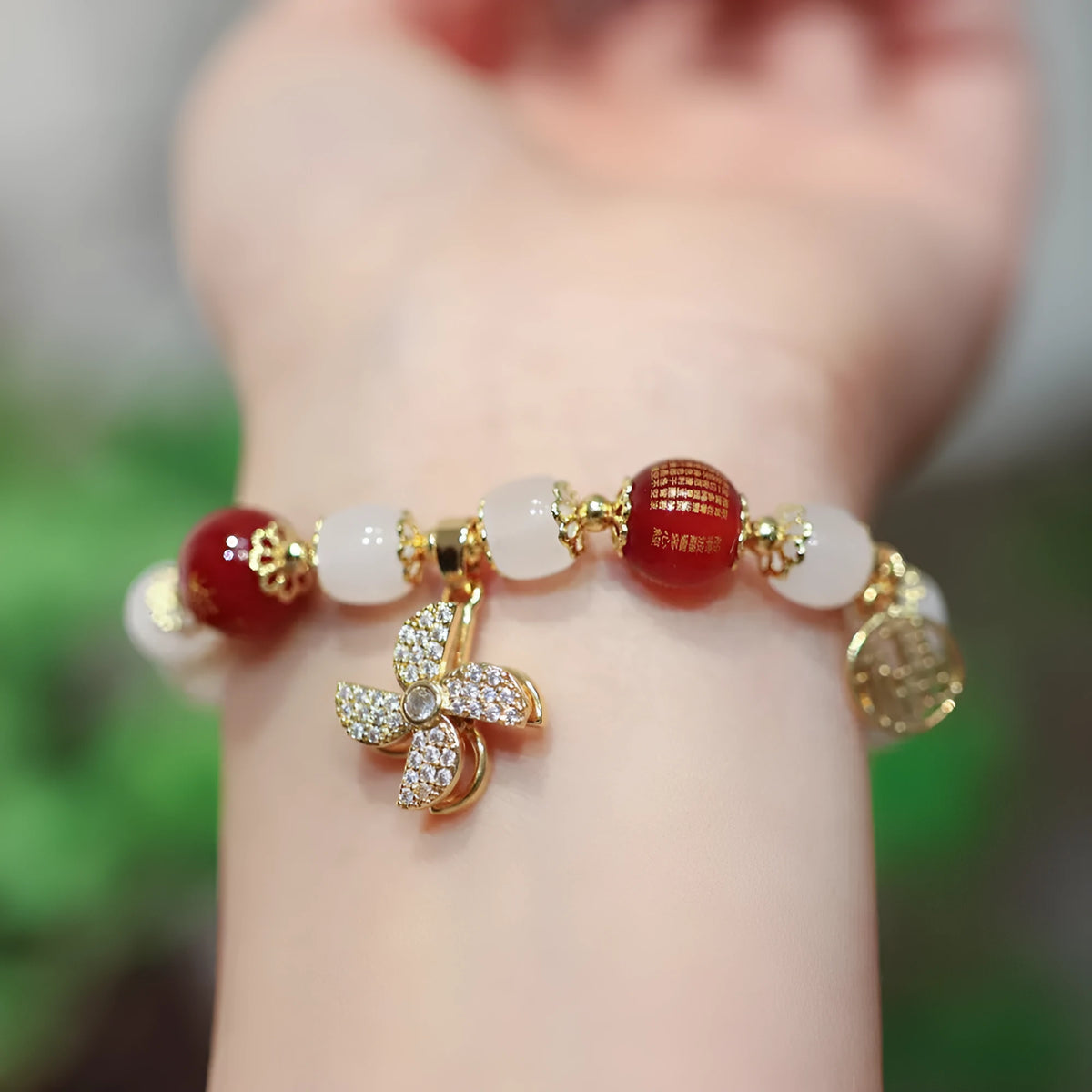 Women's Chinese-style glass bracelet with safety lock charm in choice of three colour options