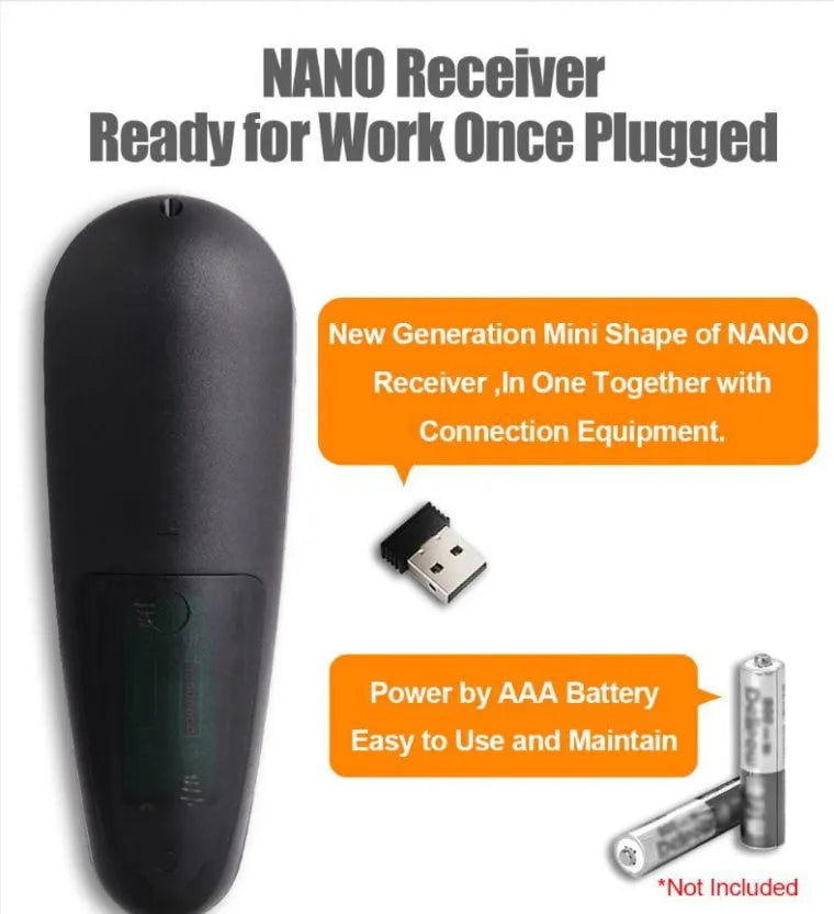 G30 AIR MOUSE wireless keyboard remote control with nano receiver on a dark surface.