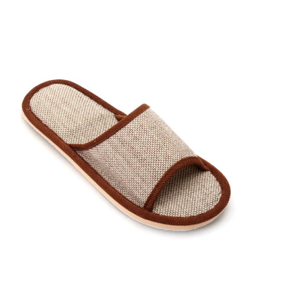 Women's open-toe linen slippers with thick sole in light brown colour.