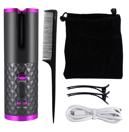 Cordless automatic hair curler with ceramic barrel, multi-directional curl capabilities, and rechargeable battery for salon-quality curls anytime, anywhere.