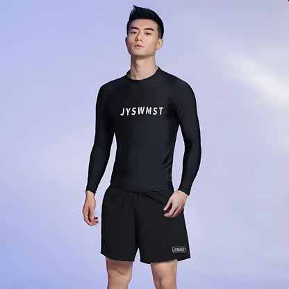 Men's plus size swimming trunks and top set in polyester fabric on a mannequin.